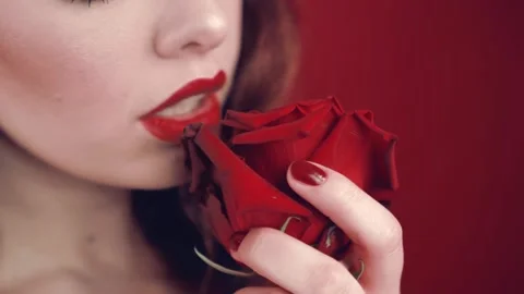 Lips and red lush rose. Stock Footage 102975239