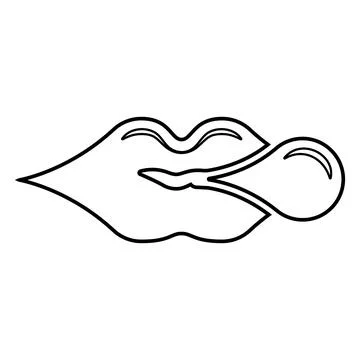 Lips blowing bubble gum chewing contour outline line icon black color vecto.. Stock Illustration
