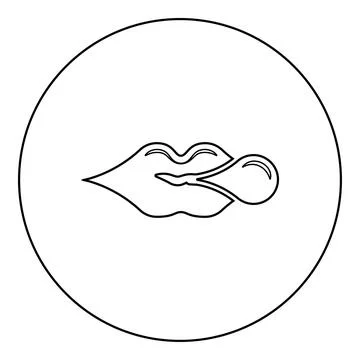 Lips blowing bubble gum chewing icon in circle round black color vector ill.. Stockillustratie