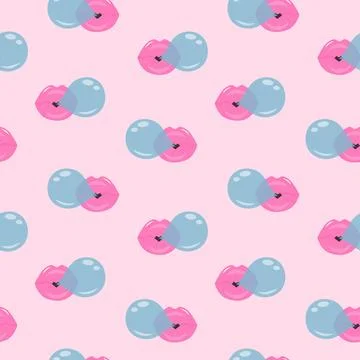 Lips blowing bubble gum seamless pattern on pink pastel background. Cute pr.. イラスト素材