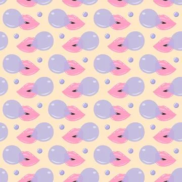 Lips blowing bubble gum seamless pattern on beige pastel background. Stock Illustration