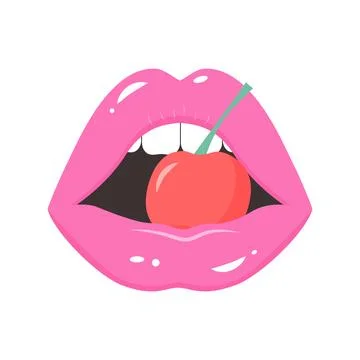 Lips with cherry. Open mouth with white teeth eating a cherry. Stock Illustration
