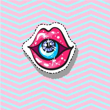Lips with eye inside Fashion patch badge pin sticker pop art style illustration Stock Illustration