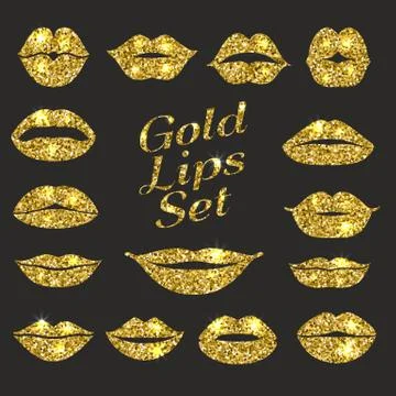 Lips gold set. Design glitter bright element. Stock Illustration