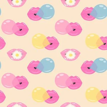 Lips with gum bubble and daisy seamless pattern. Cute pastel background. 스톡 일러스트