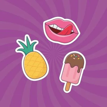 Lips ice cream pineapple patch fashion badge sticker decoration icon Stock Illustration