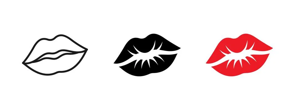 Lips kiss icon in outline, solid and red styles. Vector symbol of love, rom.. Ilustración de archivo
