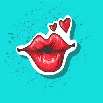 Lips kiss. Vector patch, sticker isolated on blue. Patched Cool sexy red kissed Stock Illustration