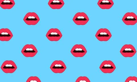 Lips pattern. Vector seamless pattern with women's red sexy lips on blue Stock Illustration