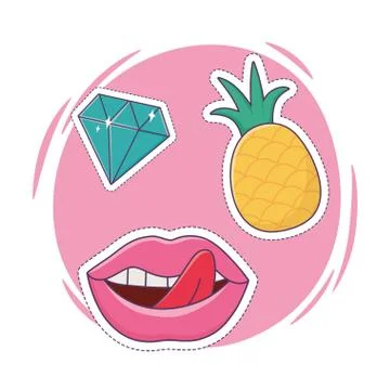 Lips pineapple and diamond patch decoration icon Stock Illustration