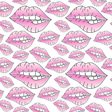 Lips. Pink mouths with teeth. Vector background. Seamless pattern Stock Illustration