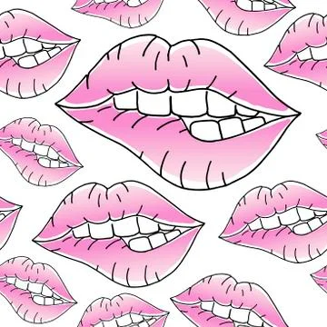 Lips. Seamless pattern. Mouths, teeth bite pink lips. Vector background. Stock Illustration