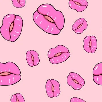 Lips seamless pattern. Pink puffy lips on a pink background for the design Stock Illustration