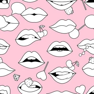 Lips seamless pattern. Sexy lip with lollipops, diamond, cherry and strawberry Stock Illustration
