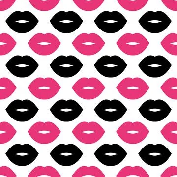 Lips. Seamless vector pattern with black and bright pink lips on a white Stock Illustration