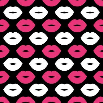 Lips. Seamless vector pattern with white and bright pink lips on a black 스톡 일러스트