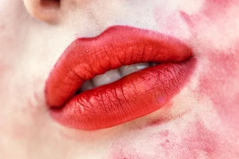 Lips With Smeared Lipsticks. Close-up Stock Photos