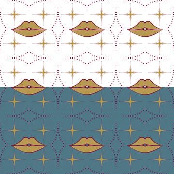 Lips, star shapes seamless pattern. Elegant festive surface design in gold, red Illustrazione stock