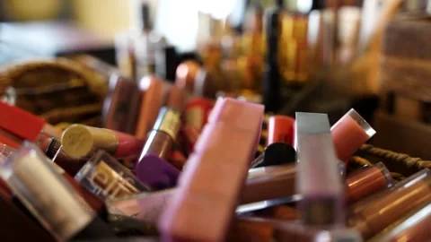 Lipstick collection on table Stock Footage 332679588