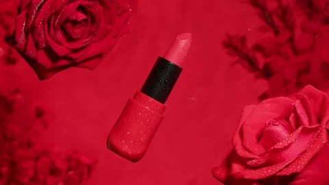 Lipstick on pink background top view close-up. Art composition of roses with Stock Footage 253576334