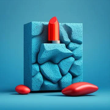 Lipstick red, standing on a rectangular granite stone. Blue background. Stock Illustration