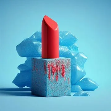 Lipstick red, standing on a rectangular granite stone. Blue background. Stock Illustration