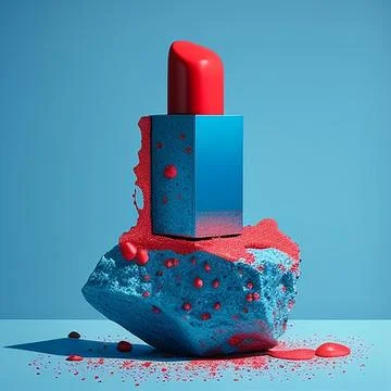 Lipstick red, standing on a rectangular granite stone. Blue background. Stock Illustration