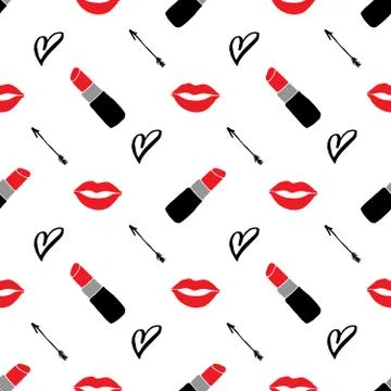 Lipstick seamless pattern, hand drawn fashion and beauty elements, vector ill Stock Illustration
