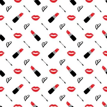 Lipstick seamless pattern, hand drawn fashion and beauty elements, vector ill Stock Illustration