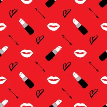 Lipstick seamless pattern, hand drawn fashion and beauty elements, vector ill Stock Illustration