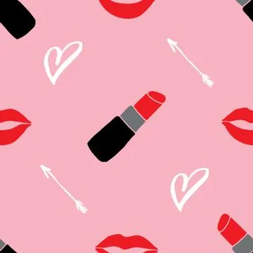 Lipstick seamless pattern, hand drawn fashion and beauty elements, vector ill 스톡 일러스트