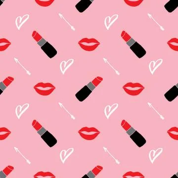 Lipstick seamless pattern, hand drawn fashion and beauty elements, vector ill Stock Illustration