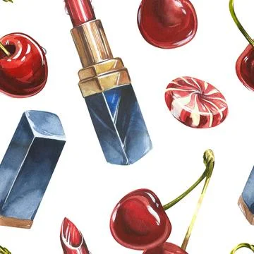 Lipstick seamless pattern. Opened red lipstick in black case. Pomade with Cherry Illustrazione stock