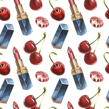 Lipstick seamless pattern. Opened red lipstick in black case. Pomade with Cherry Stock Illustration
