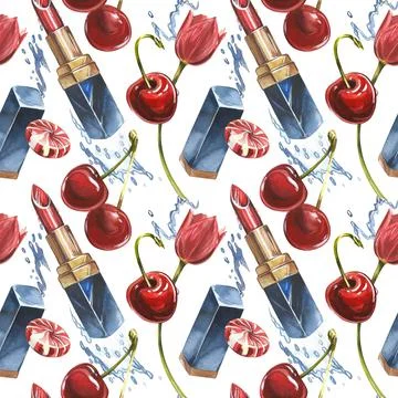 Lipstick seamless pattern. Opened red lipstick in black case. Pomade with Cherry Illustrazione stock