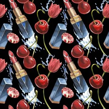 Lipstick seamless pattern. Opened red lipstick in black case. Pomade with Cherry Stock Illustration