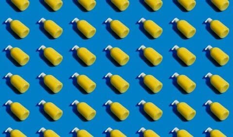Liquid antibacterial soap seamless pattern. Banana for washing hands. Stock Photos