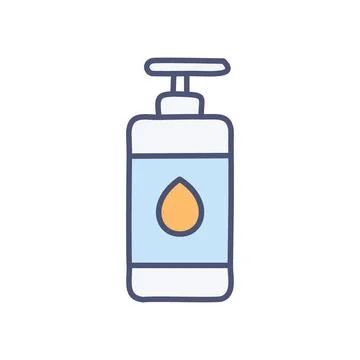 Liquid bottle icon. Simple icon of a pump bottle with a liquid drop, symbol.. Stock Illustration