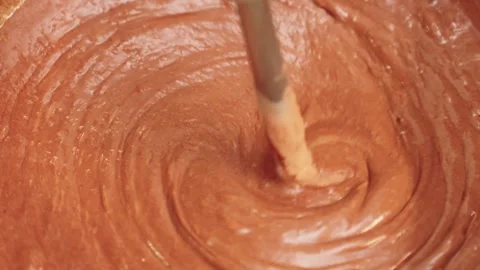 Liquid Chocolate Batter Mixing, Glossy Brownie Texture Process Stock Footage 345436585