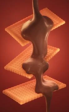 Liquid chocolate stream flows down on three cookies, 3d render Stock Illustration