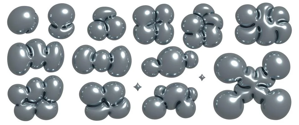 Liquid chrome babble molecule elements set. Melted metal shapes, abstract silver Stock Illustration