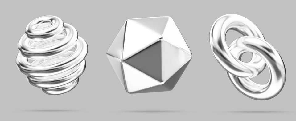 Liquid chrome y2k shape 3d set. Silver metal polygon, spiral sphere, chain of Stock Illustration