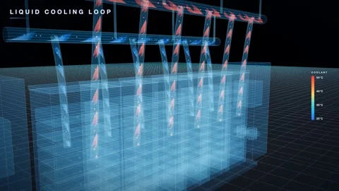 Liquid-cooled-rack-row-overhead-coolant-manifolds-xray seamless loop Video stock 345650837