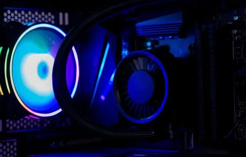 Liquid cooling system inside gaming pc with rgb fan, showcasing thermal man.. Stock Photos