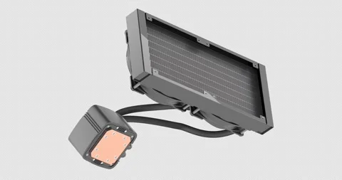 Liquid CPU cooler, modern AIO water cooling system rotation animation seaml.. Stock Footage 328055229
