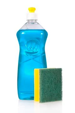 Liquid detergent bottle and scouring pad for dish washing isolated on white b Stock Photos