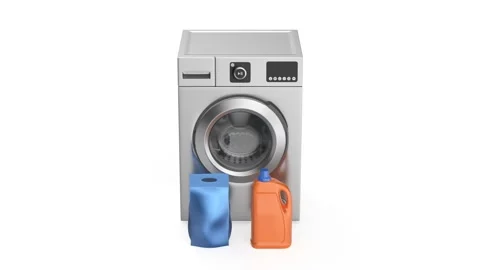 Liquid detergent bottle and washing powder bag in front of washing machine Stock Footage 329191472