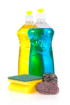 Liquid detergent bottles with scouring pad, stainless steel and steel wool soap  Stock Photos