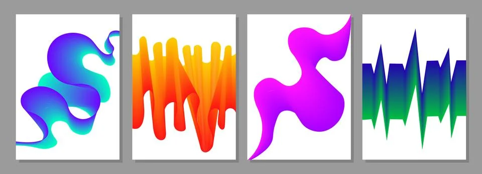 Liquid dynamic forms posters set. Blue, orange, violet and green waves. Abstract Stock Illustration