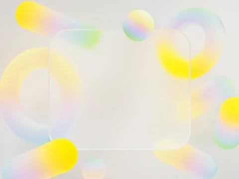 Liquid glass morphism frame and geometric shapes in yellow blue green gradient Stock-Illustration